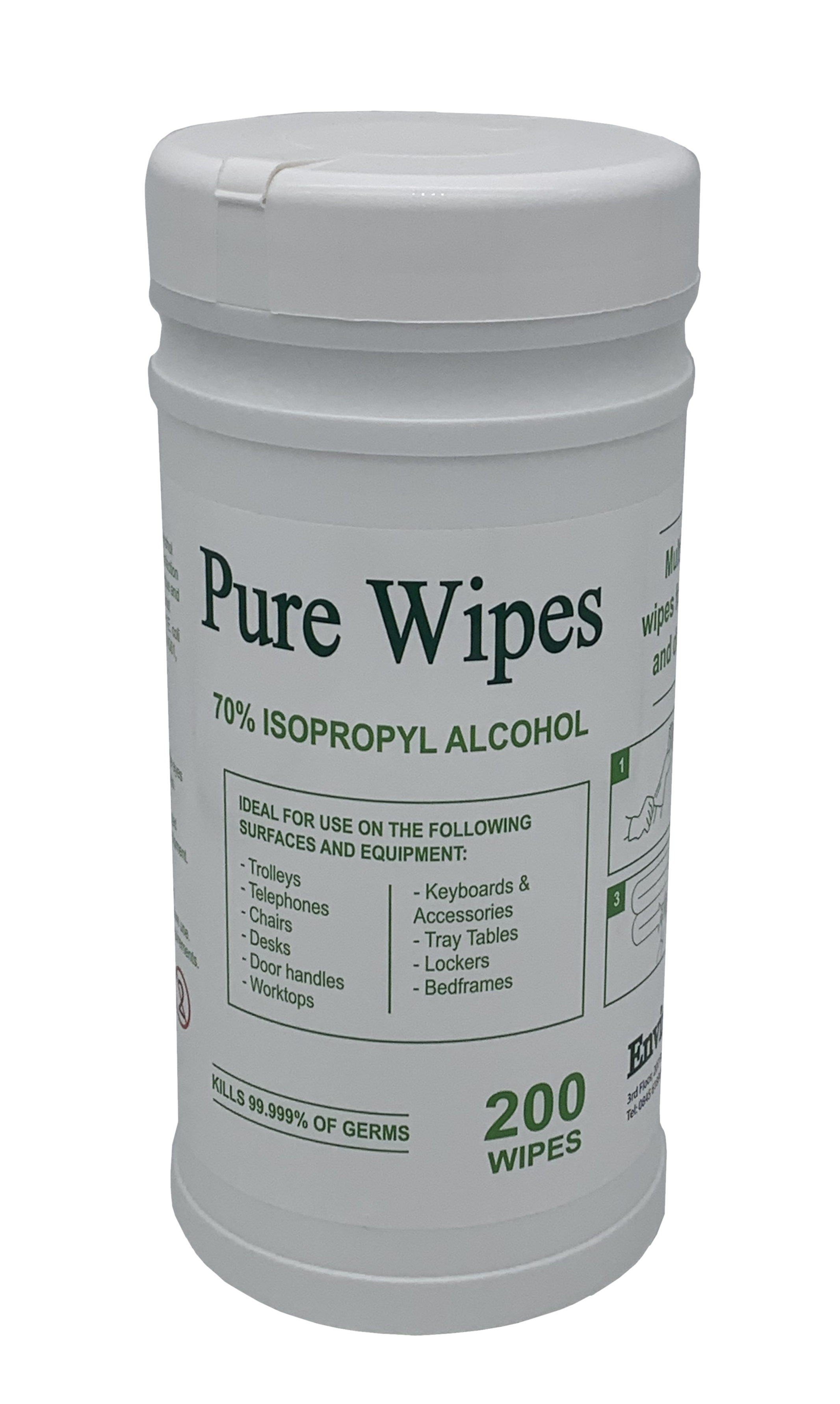 Alcohol Wipes 1 Box Of 25 tubs of Pure 70% Isopropyl Wipes 200 wipes per tub £ 12.00 per tub £300.00 per box 